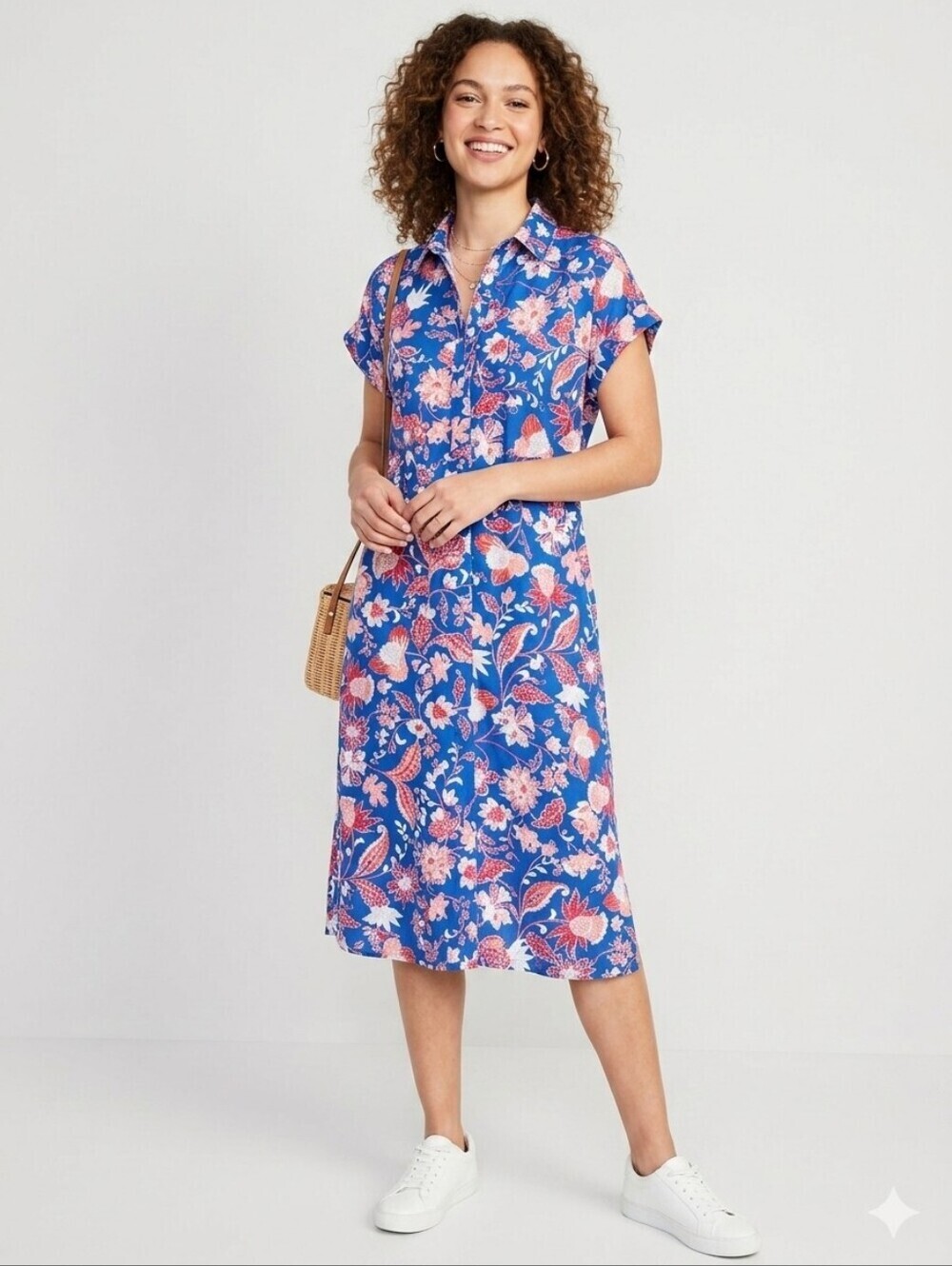 JOE FRESH Floral Midi Dress, Collar, Four Button Front, Cap Sleeves, Size Medium